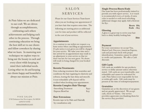 Beauty Salon Price List | Pixie Salon